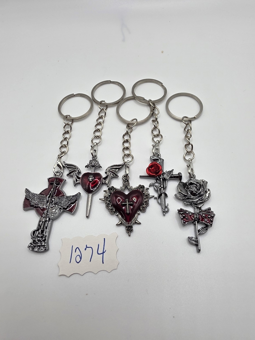 Gothic Red Heart & Rose Keychain Set Bag Charms